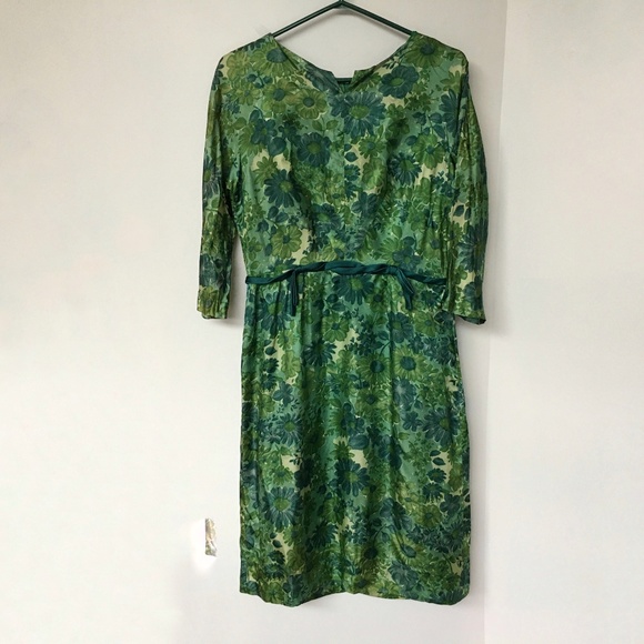 Vintage 60s Dress Below Knee Green Floral Fitted Ambassador Mi-Lady - Picture 1 of 8